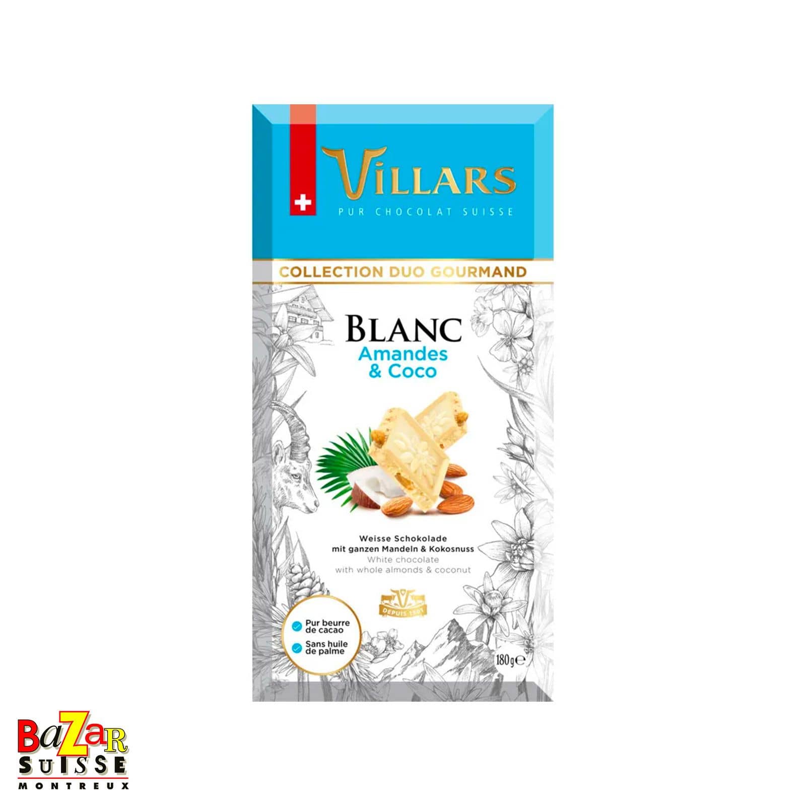 Chocolat suisse Villars – Blanc aux amandes et à la noix de coco