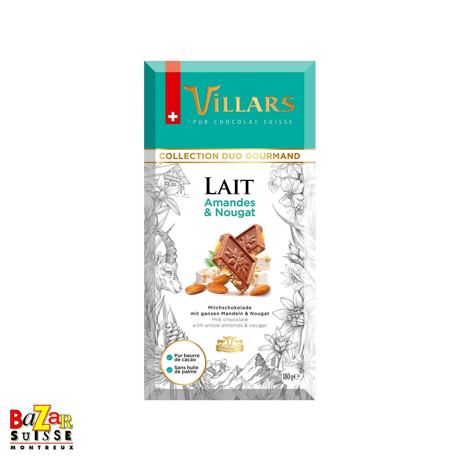 Chocolat suisse Villars – Lait aux amandes et au nougat