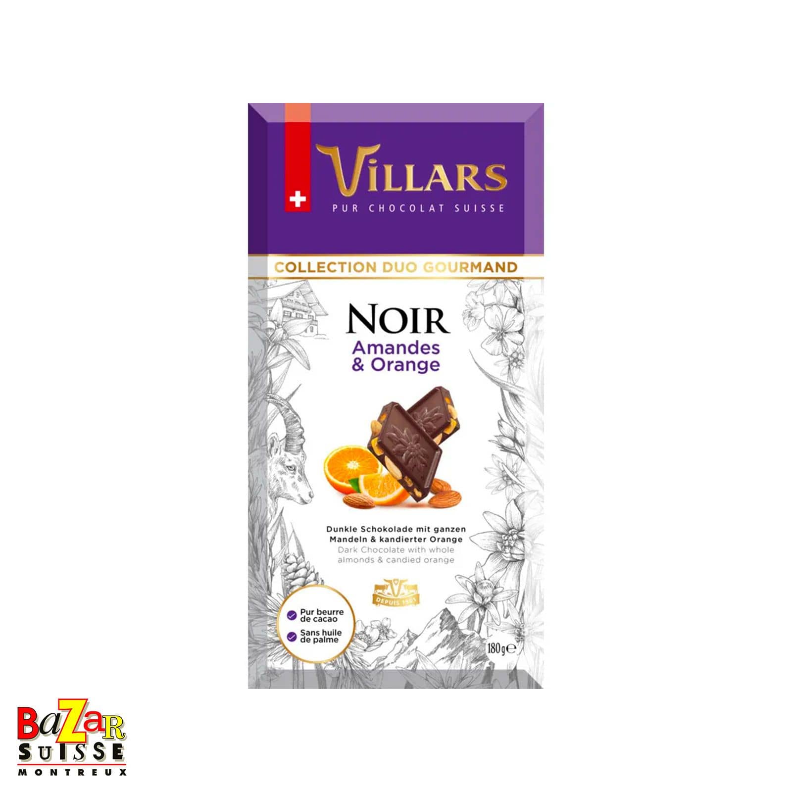 Chocolat suisse Villars – Noir aux amandes et aux oranges