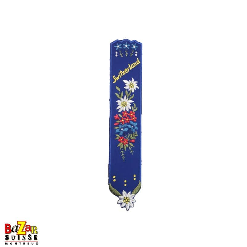 Besticktes Schweizer Lesezeichen «Blumen» - Blau