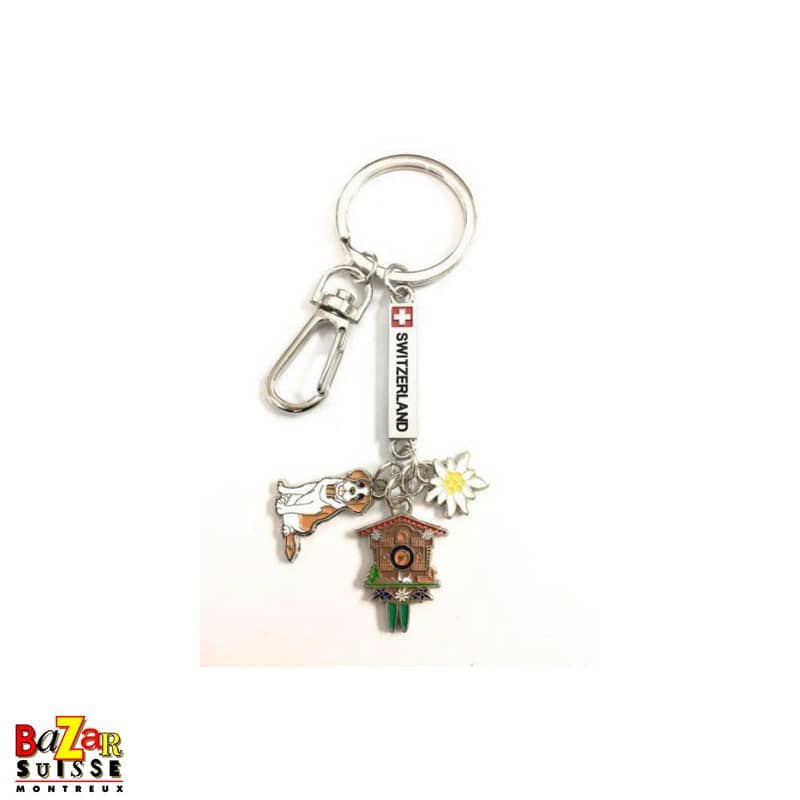 “Switzerland” plate key ring with St Bernard, clock and edelweiss pendants