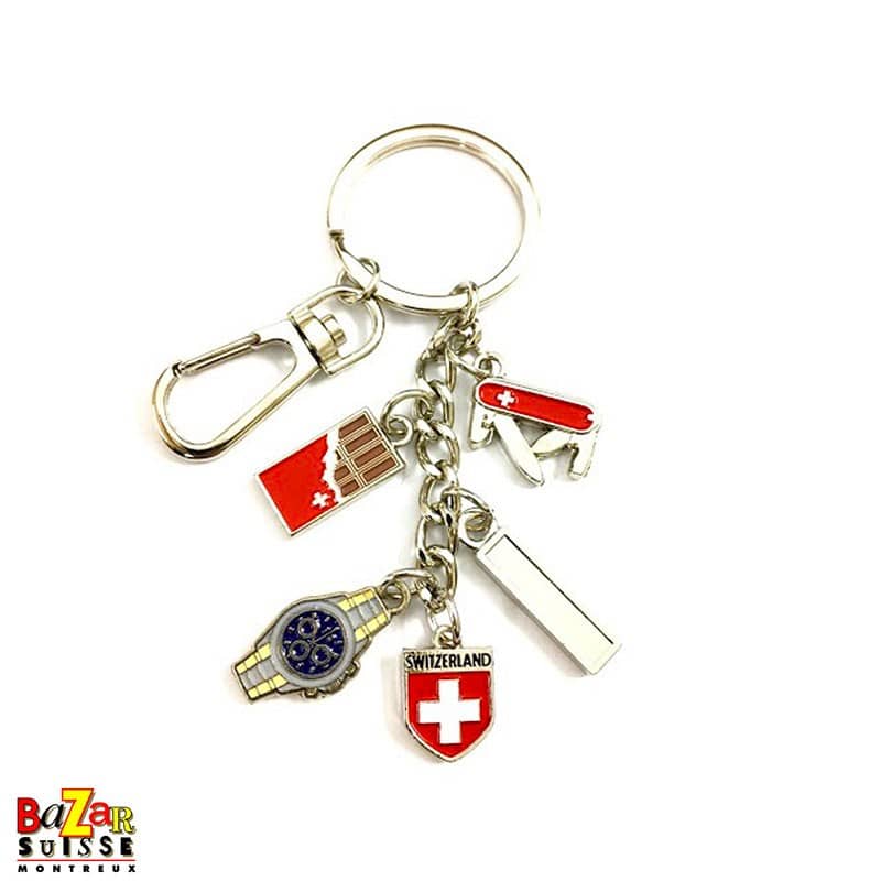Portachiavi a catena con pendenti cioccolato, orologio, coltello e stemma svizzero